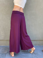 women's natural rayon lightweight loose fit adjustable purple side ruched pants with stretchy wide waistband #color_jam