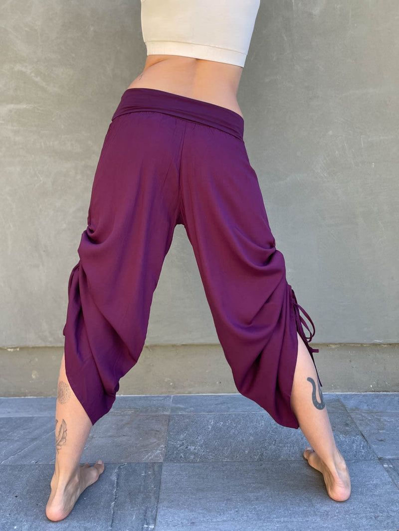 women's natural rayon lightweight loose fit adjustable purple side ruched pants with stretchy wide waistband #color_jam