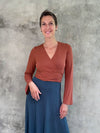 caraucci women's plant-based rayon jersey burnt orange wrap shrug can also be worn as a top #color_copper