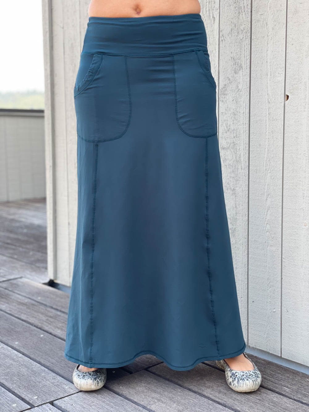 caraucci women's bamboo spandex stretchy long teal skirt with two pockets #color_teal