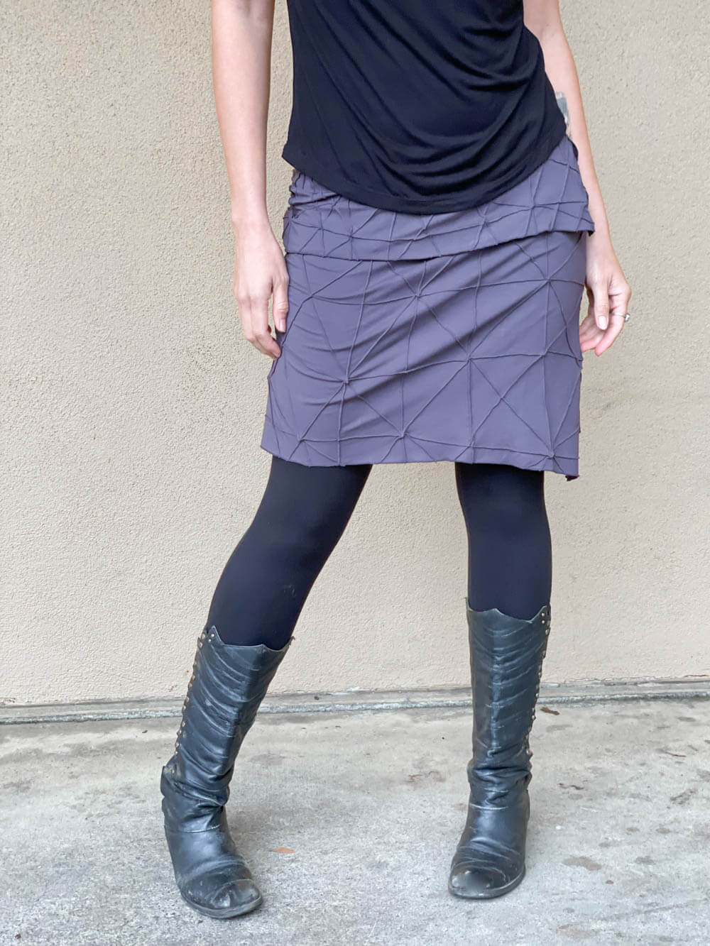 women's plant based rayon jersey stretchy asymmetrical steel grey above-the-knee skirt with fold-over waistband #color_steel