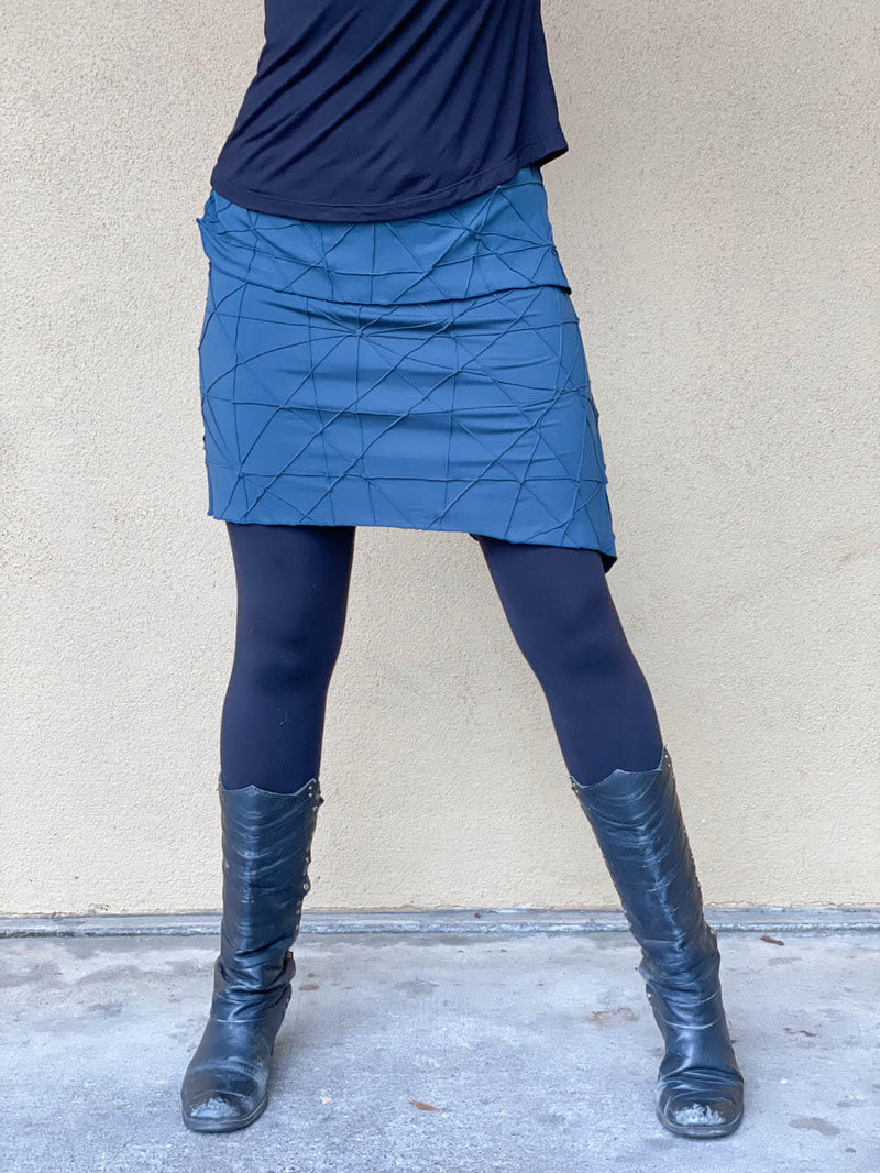 women's plant based rayon jersey stretchy asymmetrical teal above-the-knee skirt with fold-over waistband #color_teal