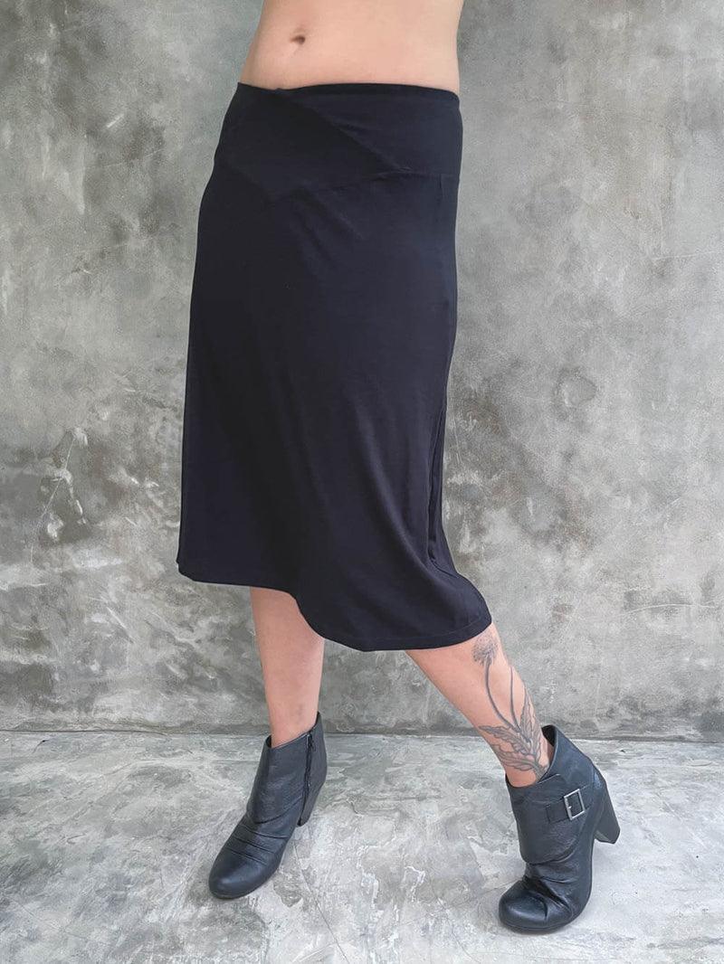 caraucci stretchy plant-based black a line midi skirt #color_black