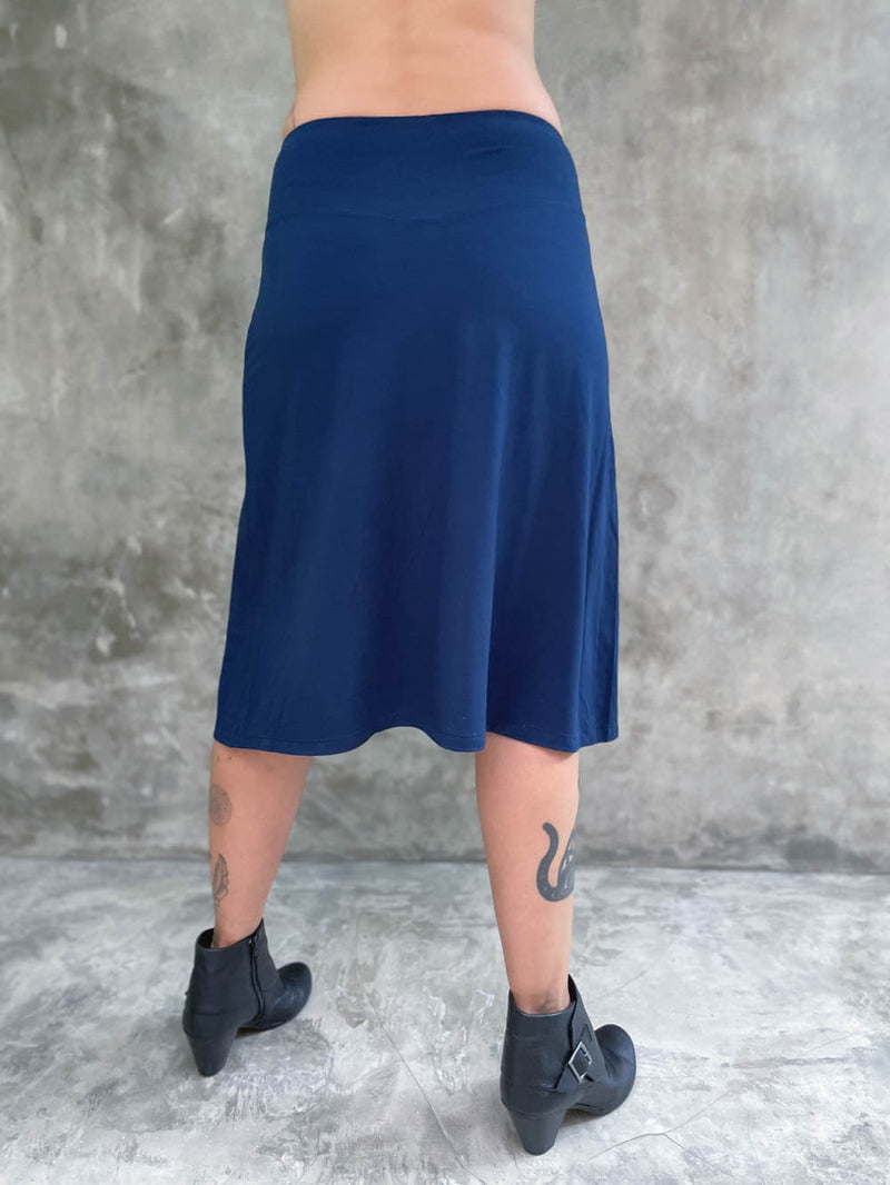 caraucci stretchy plant-based navy blue a line midi skirt #color_navy
