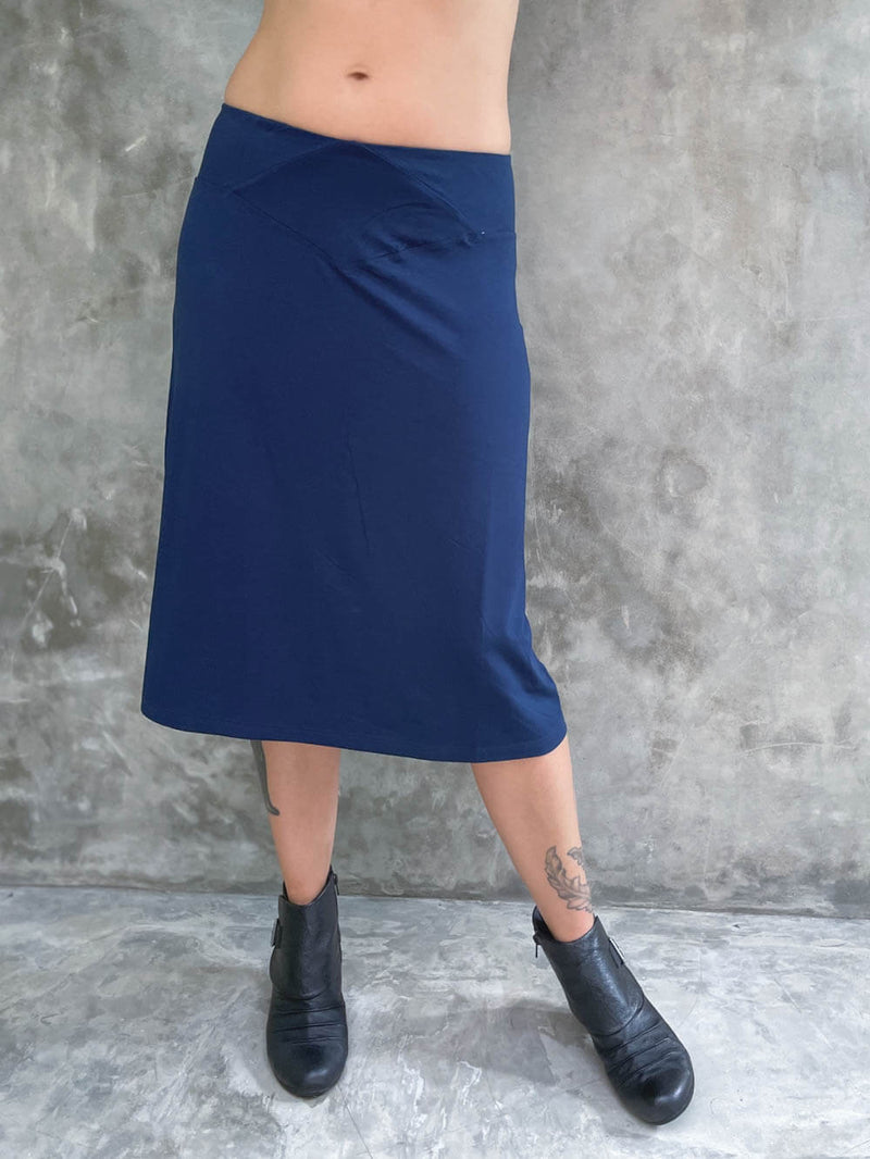 caraucci stretchy plant-based navy blue a line midi skirt #color_navy