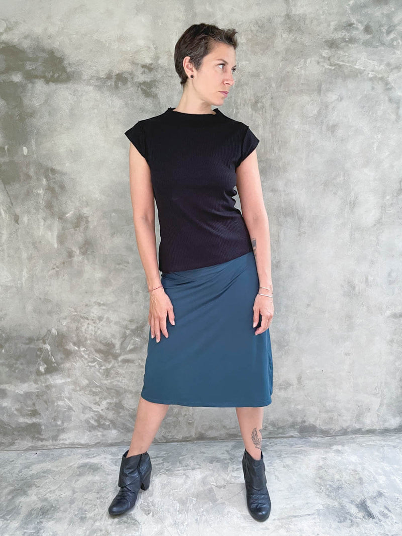 caraucci stretchy plant-based teal blue a line midi skirt #color_teal