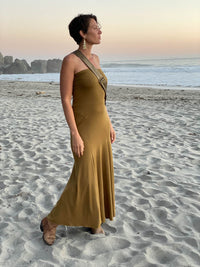 women's plant based rayon jersey stretchy golden brass color hourglass convertible maxi skirt and dress #color_brass