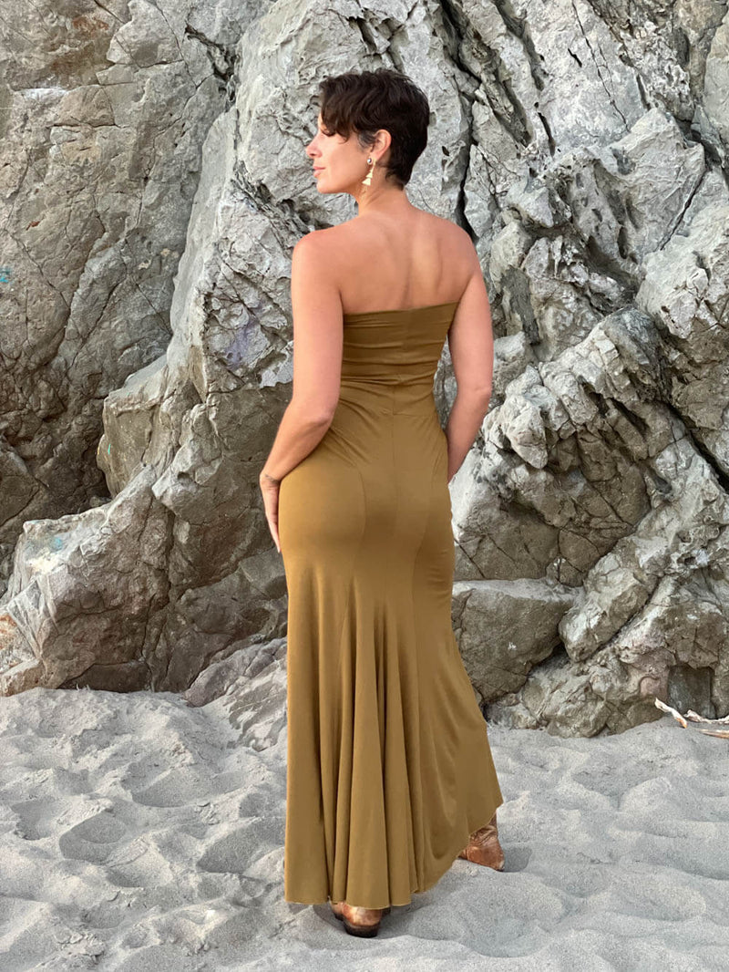 women's plant based rayon jersey stretchy golden brass color hourglass convertible maxi skirt and dress #color_brass