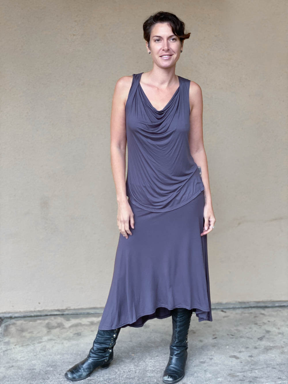 women's plant based rayon jersey stretchy steel grey midi skirt can also be worn as a dress #color_steel