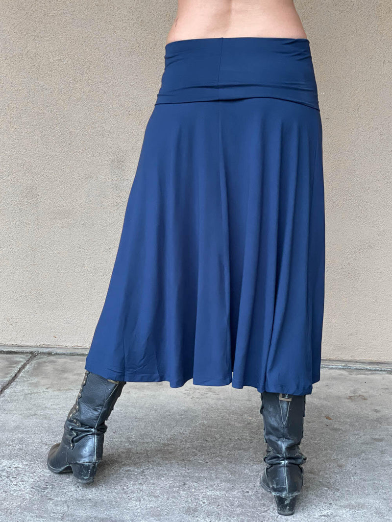 women's plant based rayon jersey stretchy navy blue midi skirt can also be worn as a dress #color_navy