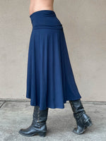 women's plant based rayon jersey stretchy navy blue midi skirt can also be worn as a dress #color_navy