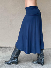 women's plant based rayon jersey stretchy navy blue midi skirt can also be worn as a dress #color_navy