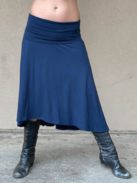 women's plant based rayon jersey stretchy navy blue midi skirt can also be worn as a dress #color_navy