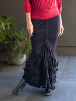 women's cotton spandex adjustable convertible ruched black maxi skirt with fold over waistband #color_black