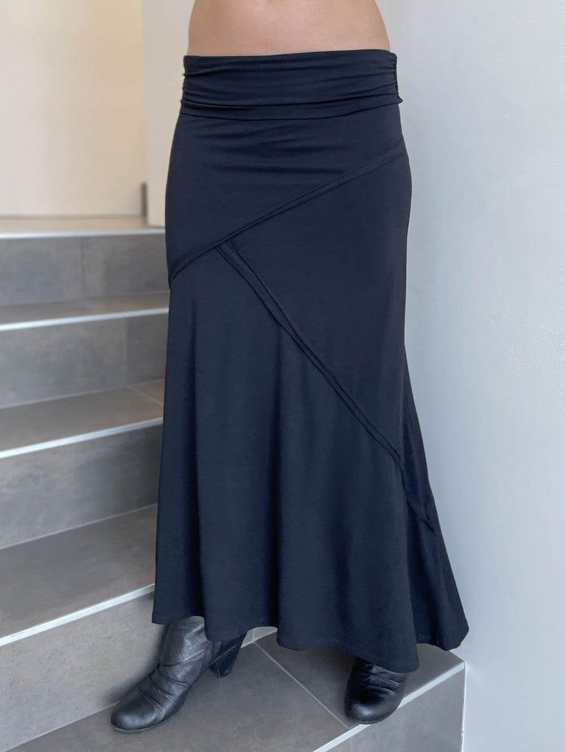 women's plant based stretchy rayon jersey black maxi skirt with raised stitch detail #color_black