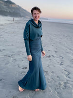 women's plant based stretchy rayon jersey teal blue maxi skirt with raised stitch detail #color_teal