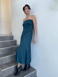 women's plant based stretchy rayon jersey teal blue maxi skirt with raised stitch detail shown as a dress #color_teal