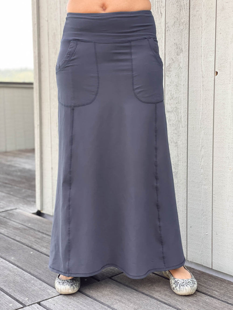 women's bamboo spandex stretchy long steel grey skirt with two pockets #color_steel