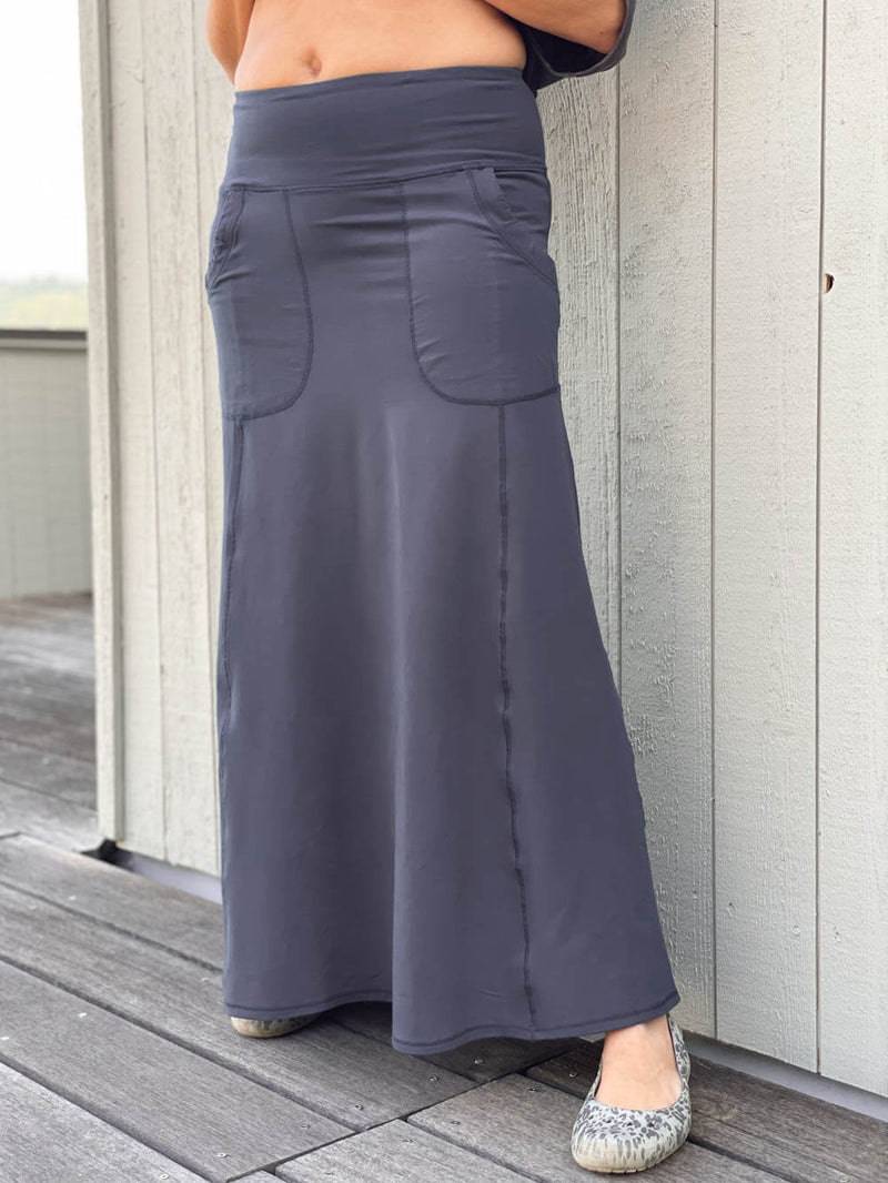 women's bamboo spandex stretchy long steel grey skirt with two pockets #color_steel
