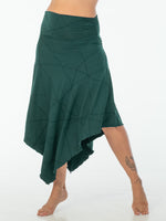 women's plant based rayon jersey stretchy asymmetrical jasper green midi skirt with fold-over waistband #color_jasper