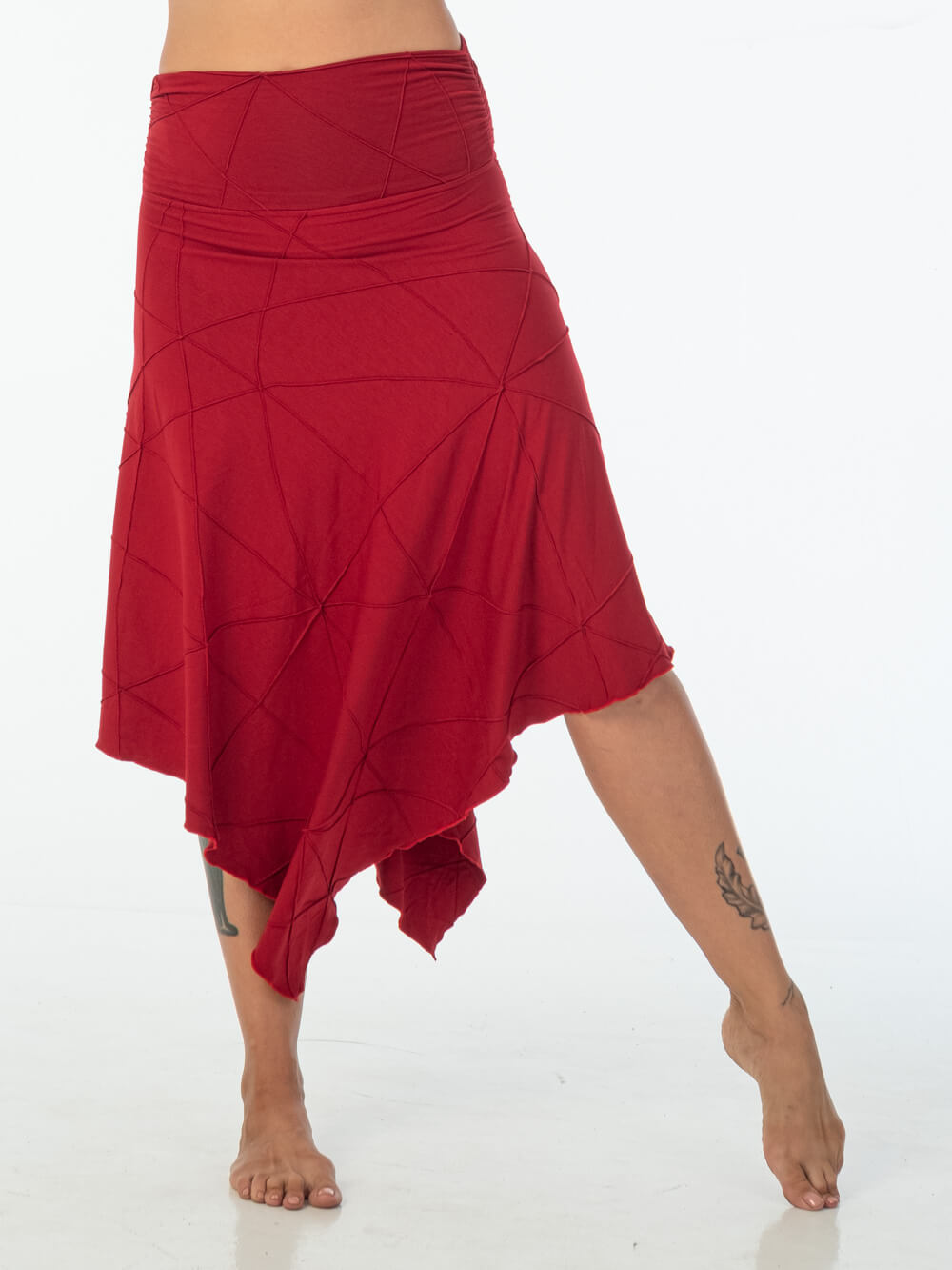 women's plant based rayon jersey stretchy asymmetrical red midi skirt with fold-over waistband #color_red