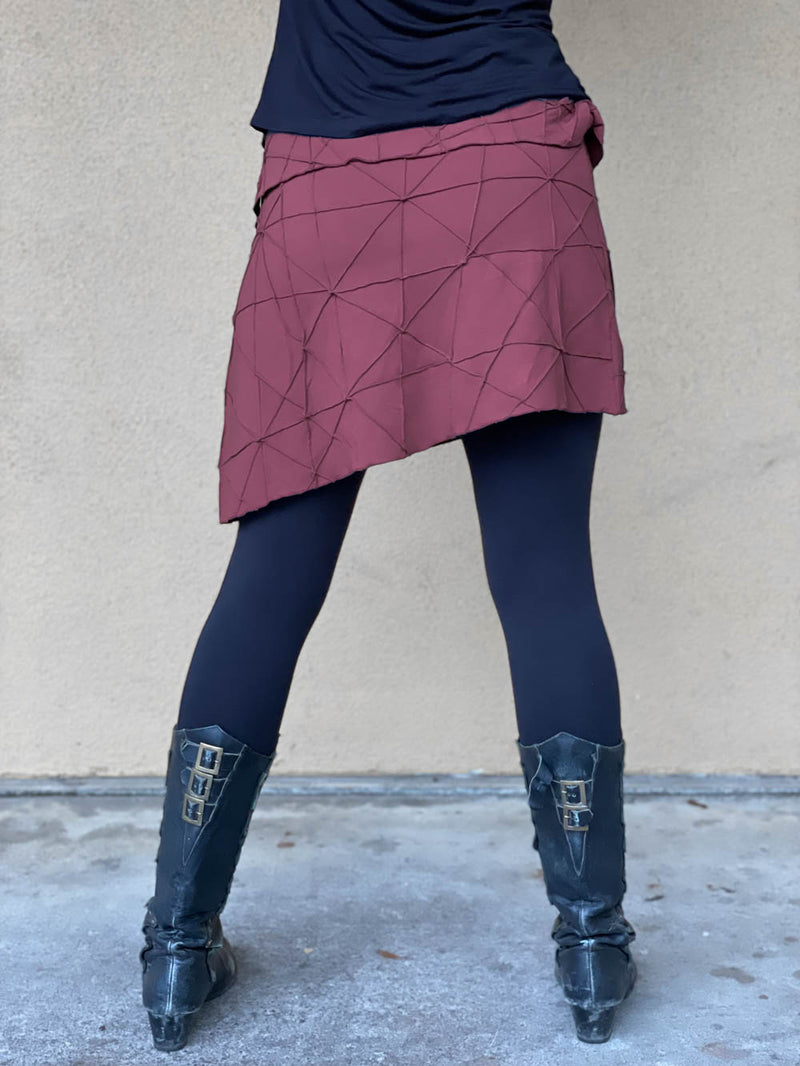 women's plant based rayon jersey stretchy asymmetrical maroon above-the-knee skirt with fold-over waistband #color_wine