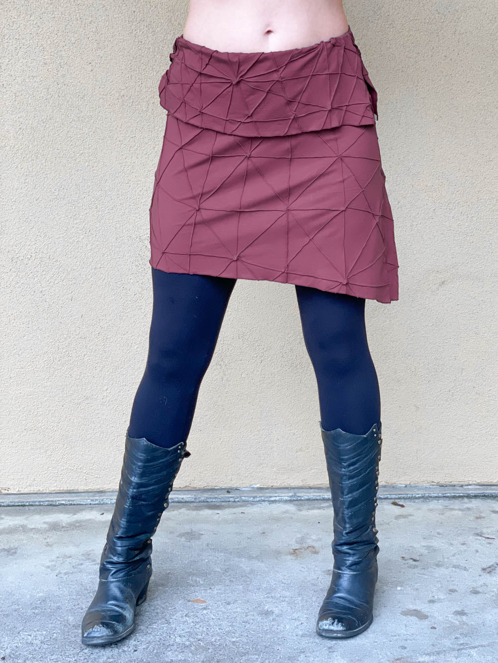 women's plant based rayon jersey stretchy asymmetrical maroon above-the-knee skirt with fold-over waistband #color_wine