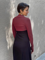 women's plant based rayon jersey stretchy maroon sleeve shrug with thumbholes #color_wine