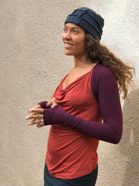 women's plant based rayon jersey stretchy purple sleeve shrug with thumbholes #color_jam