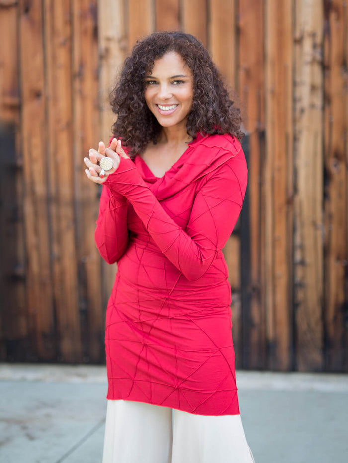 women's plant-based textured jersey long sleeve versatile cowl neck red tunic with thumbholes #color_red
