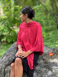 caraucci women's plant based rayon jersey red textured poncho can be worn multiple ways; dress, skirt, halter top #color_scarlet