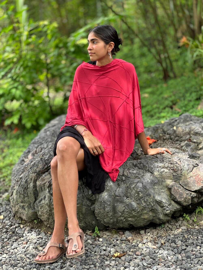 caraucci women's plant based rayon jersey red textured poncho can be worn multiple ways; dress, skirt, halter top #color_scarlet