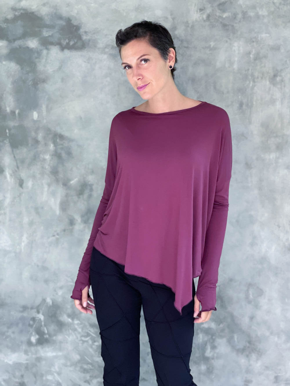 caraucci plant-based rayon jersey purple asymmetrical hem oversized long sleeve top with thumbholes #color_jam