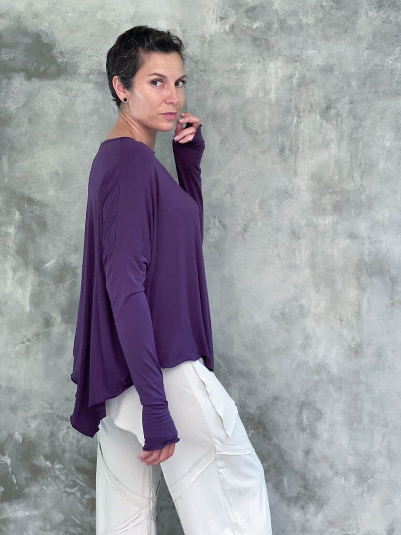 caraucci plant-based rayon jersey purple asymmetrical hem oversized long sleeve top with thumbholes #color_plum