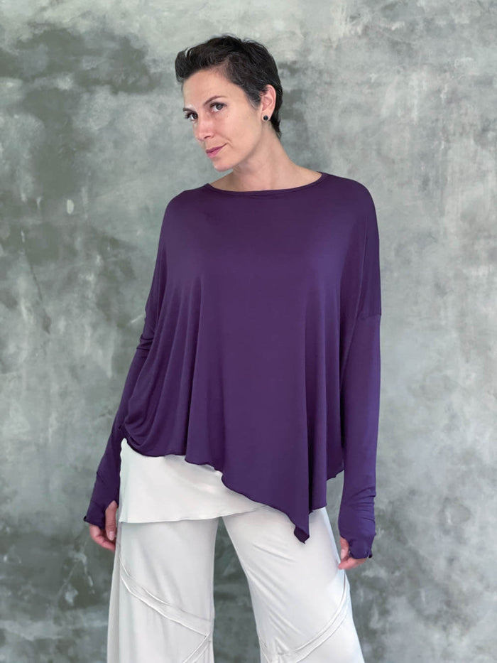 caraucci plant-based rayon jersey purple asymmetrical hem oversized long sleeve top with thumbholes #color_plum