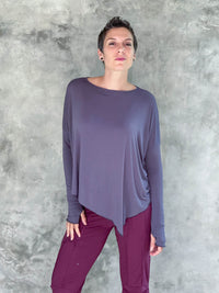 caraucci plant-based rayon jersey steel grey asymmetrical hem oversized long sleeve top with thumbholes #color_steel