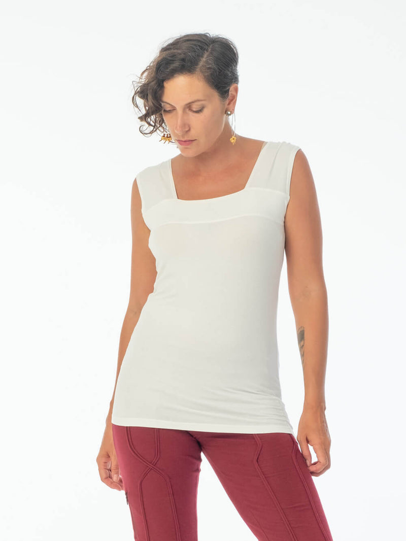 women's plant based rayon jersey stretchy off white square neck cap sleeve t-shirt #color_off-white