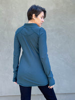 caraucci women's teal blue bamboo cotton fleece pullover with kangaroo pocket #color_teal