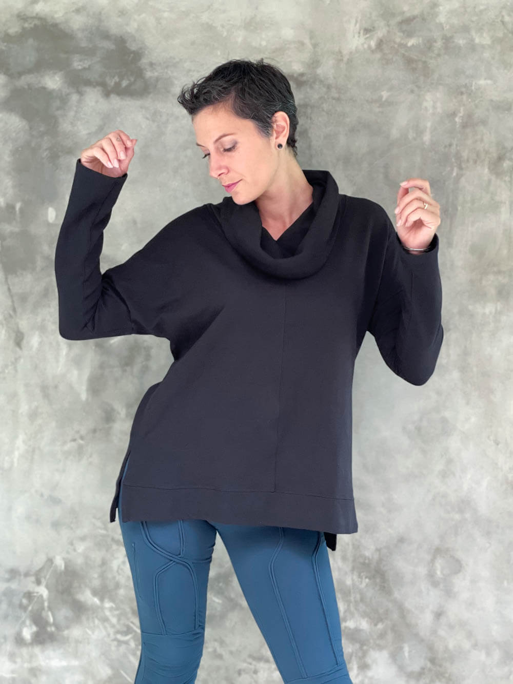 caraucci eco-fleece black cowl neck bamboo cotton pullover sweatshirt #color_black