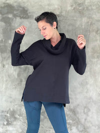 caraucci eco-fleece black cowl neck bamboo cotton pullover sweatshirt #color_black