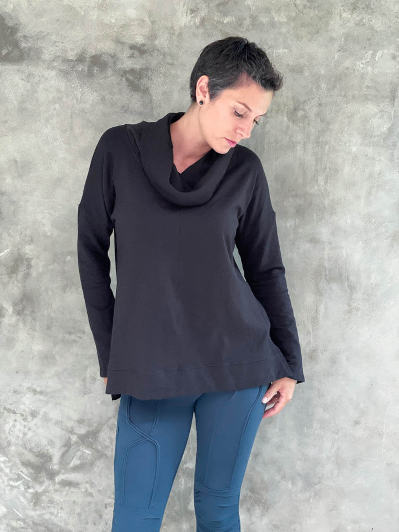 caraucci eco-fleece black cowl neck bamboo cotton pullover sweatshirt #color_black