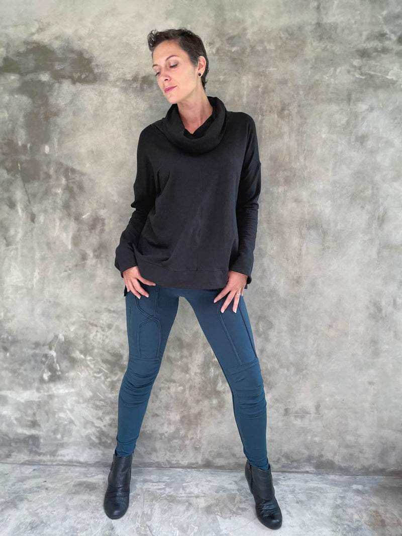 caraucci eco-fleece black cowl neck bamboo cotton pullover sweatshirt #color_black