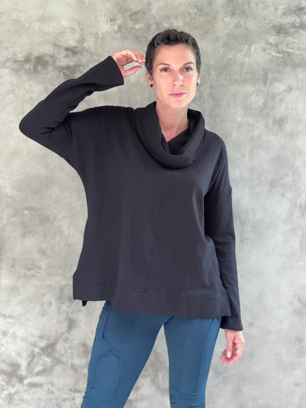 caraucci eco-fleece black cowl neck bamboo cotton pullover sweatshirt #color_black