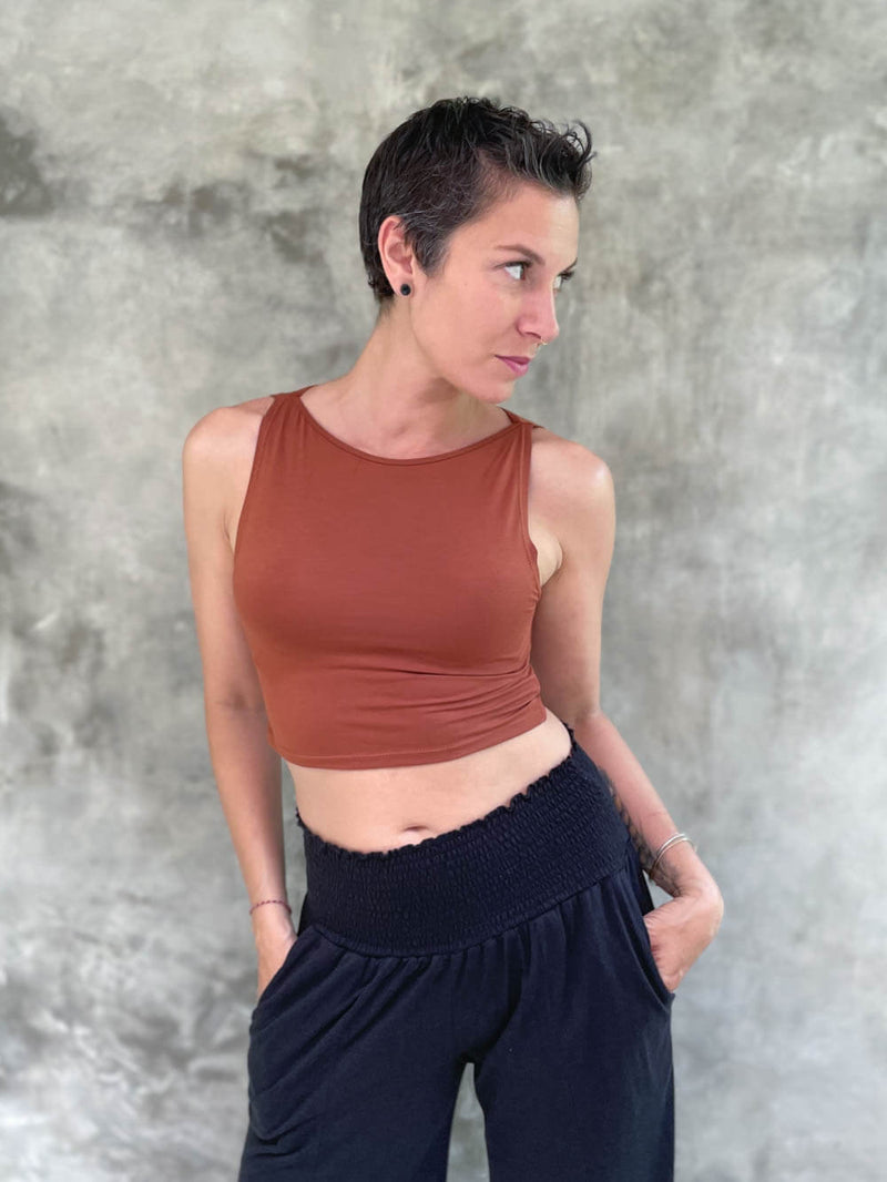 caraucci plant-based fitted rust boatneck crop top #color_copper