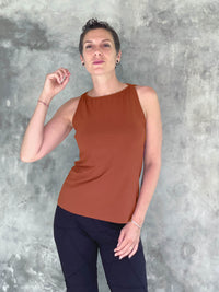 caraucci plant-based fitted pumpkin orange high boatneck top #color_copper