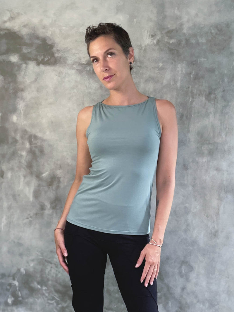 caraucci plant-based fitted sage green high boatneck top #color_moss
