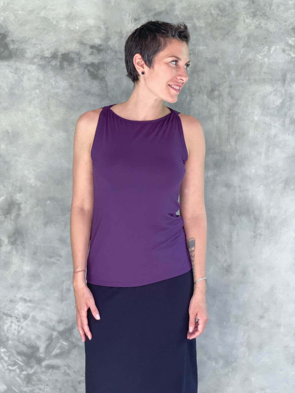 caraucci plant-based fitted purple high boatneck top #color_plum