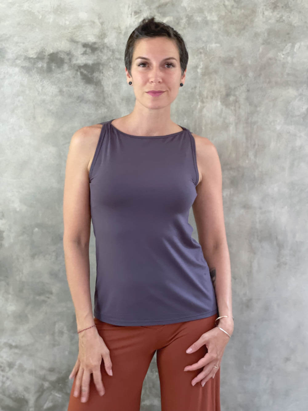 caraucci plant-based fitted steel grey high boatneck top #color_steel