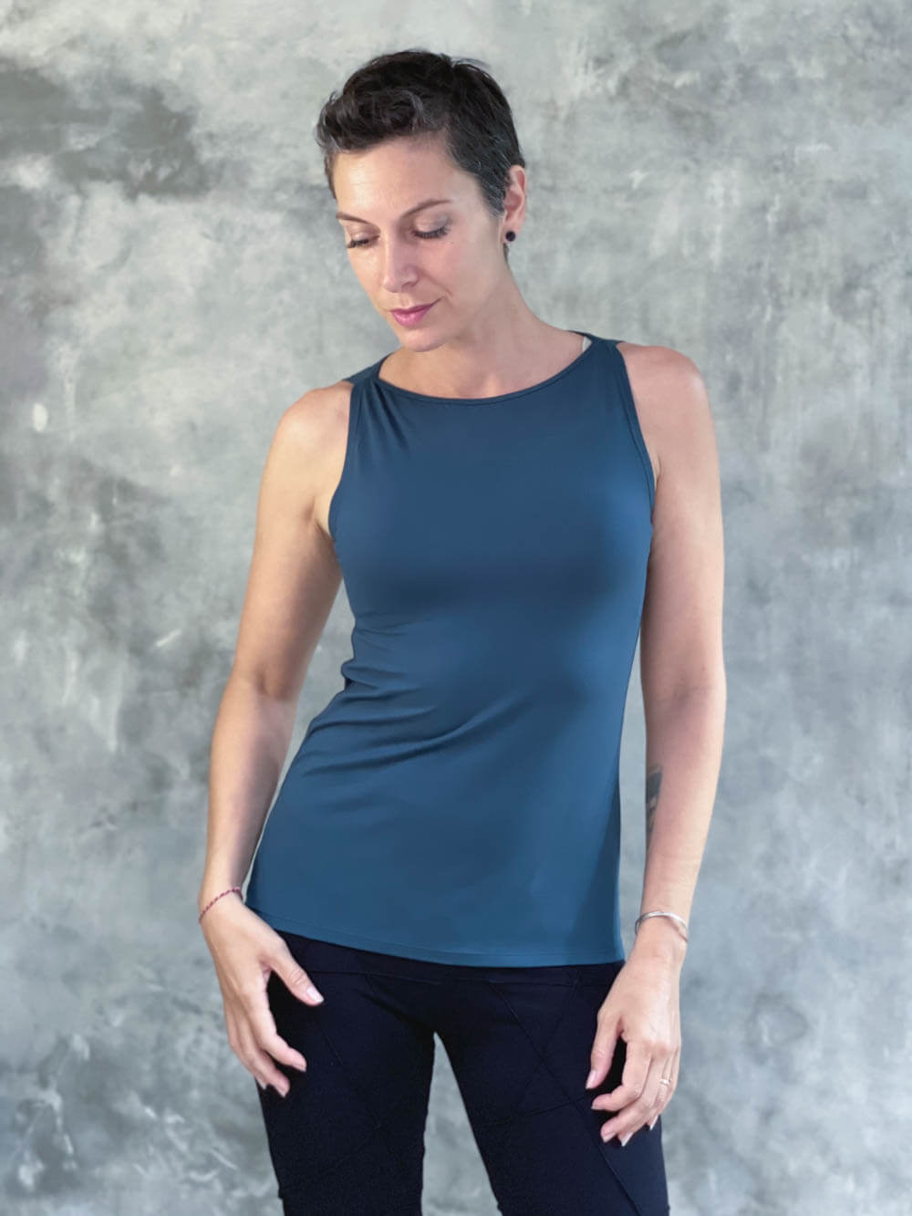 caraucci plant-based fitted teal blue high boatneck top #color_teal