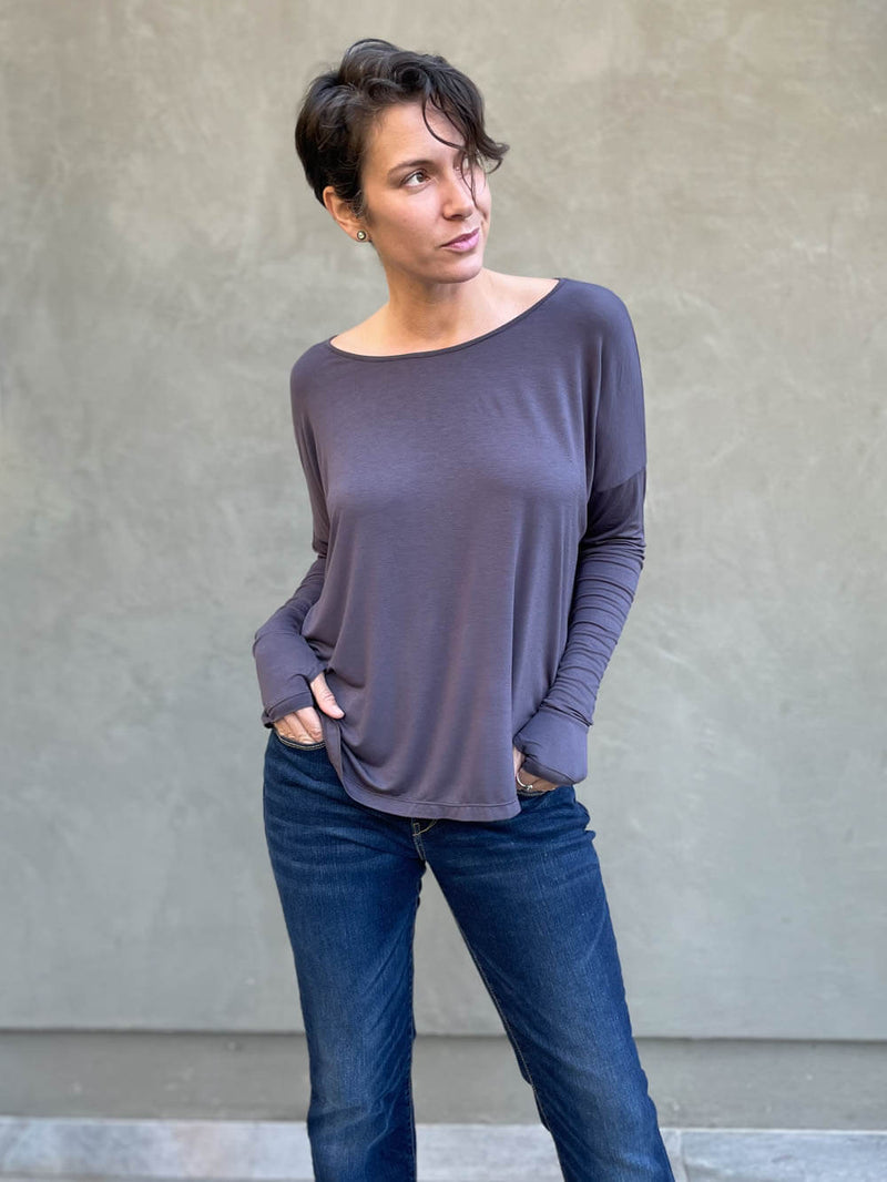 women's plant-based steel grey relaxed fit jersey long sleeve top shown as a shrug #color_steel